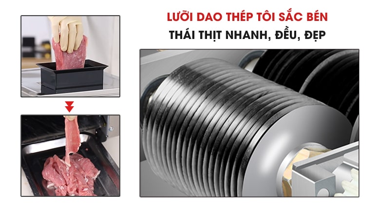 Lưỡi dao thép tôi sắc bén, thái thịt đều đẹp, không hao hụt