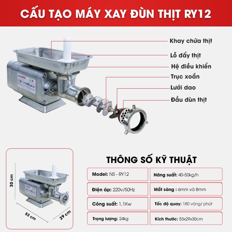 Chi tiết cấu tạo máy xay đùn thịt RY 12