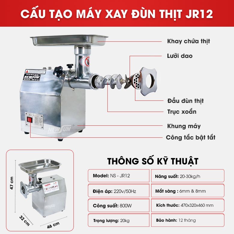 Cấu tạo máy xay thịt công nghiệp JR 12