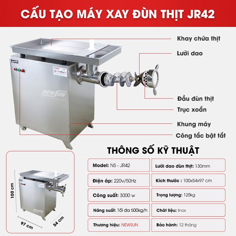 Chi tiết cấu tạo máy xay thịt công nghiệp JR 42